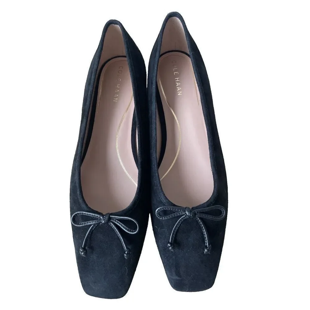 New Cole Haan Bethany Square Toe Ballerina Flats Size 10.5 In Black Suede NEW